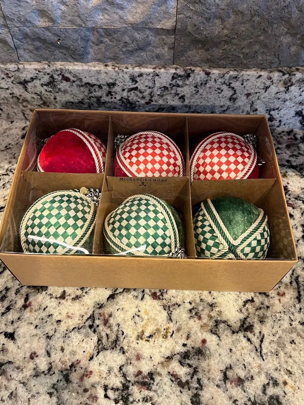 Mackenzie-Childs Check It Out Patchwork Fabric Ornaments, Set of 6. NIB!